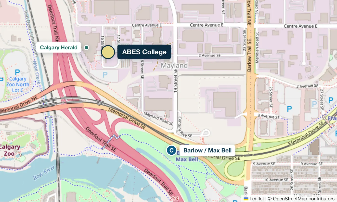 Map showing ABES College, the Calgary Herald building, and Barlow / Max Bell CTrain station